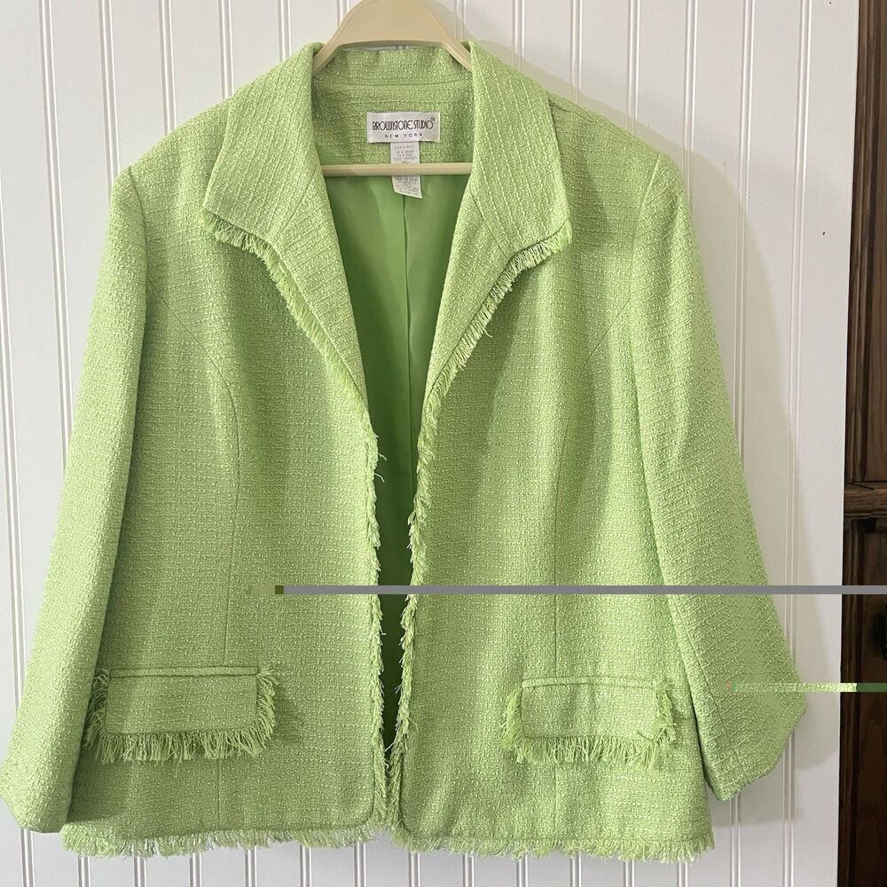 Brownstone Studio Vintage Boucle Tweed Blazer Fringed Trim Lined Green Size 18